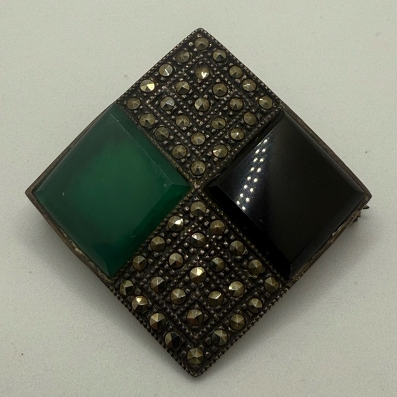 Vintage Jewelry - SOLD Vintage Sterling Silver marcasite onyx Brooch Pendant